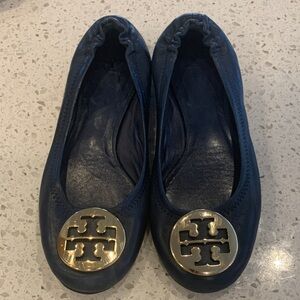 Tory Burch Navy Leather Ballet Flats with Gold Logo